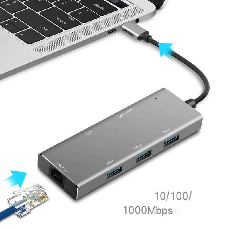 YC-720 Type-C HUB Multifunction Adapter Type-C to USB 3.0*3+SD+TF+RJ45 Converter