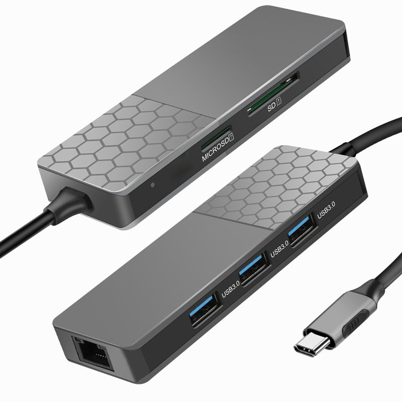 YC-750 Type-C Hub with 1 x PD, 1 x SD Card Reader, 1 x TF Card Reader, 1 x RJ45, 3 x USB 3.0 Ports - Grey