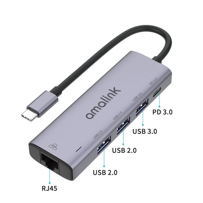 AMALINK 5 in 1 Driver Free Type C Hub 2x USB 2.0 3.0 PD 3.0 RJ45 Lan Adapter