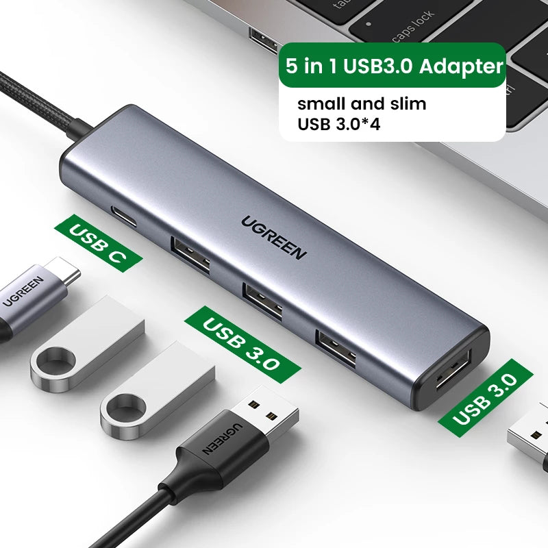 UGREEN 20805 5 in 1 USB to 4-USB + Type C Adapter 5V 2A Multi-Port USB3.0 Hub 5Gbps High-Speed Data Transfer Converter for Laptop, iMac, Surface Pro, XPS, U Disk, HDD