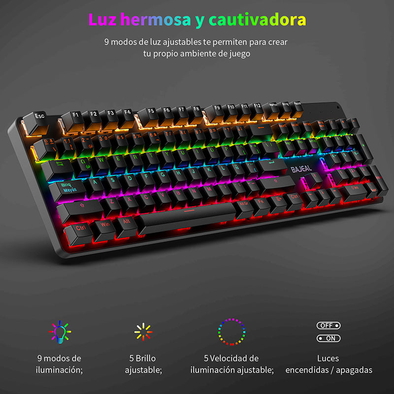 BAJEAL Wired 104 Keys Spanish Keyboard Backlit Computer Laptop Gaming Blue Switch Mechanical Keyboard