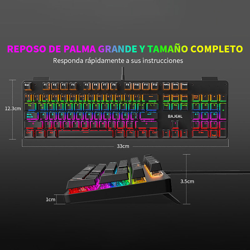 BAJEAL Wired 104 Keys Spanish Keyboard Backlit Computer Laptop Gaming Blue Switch Mechanical Keyboard