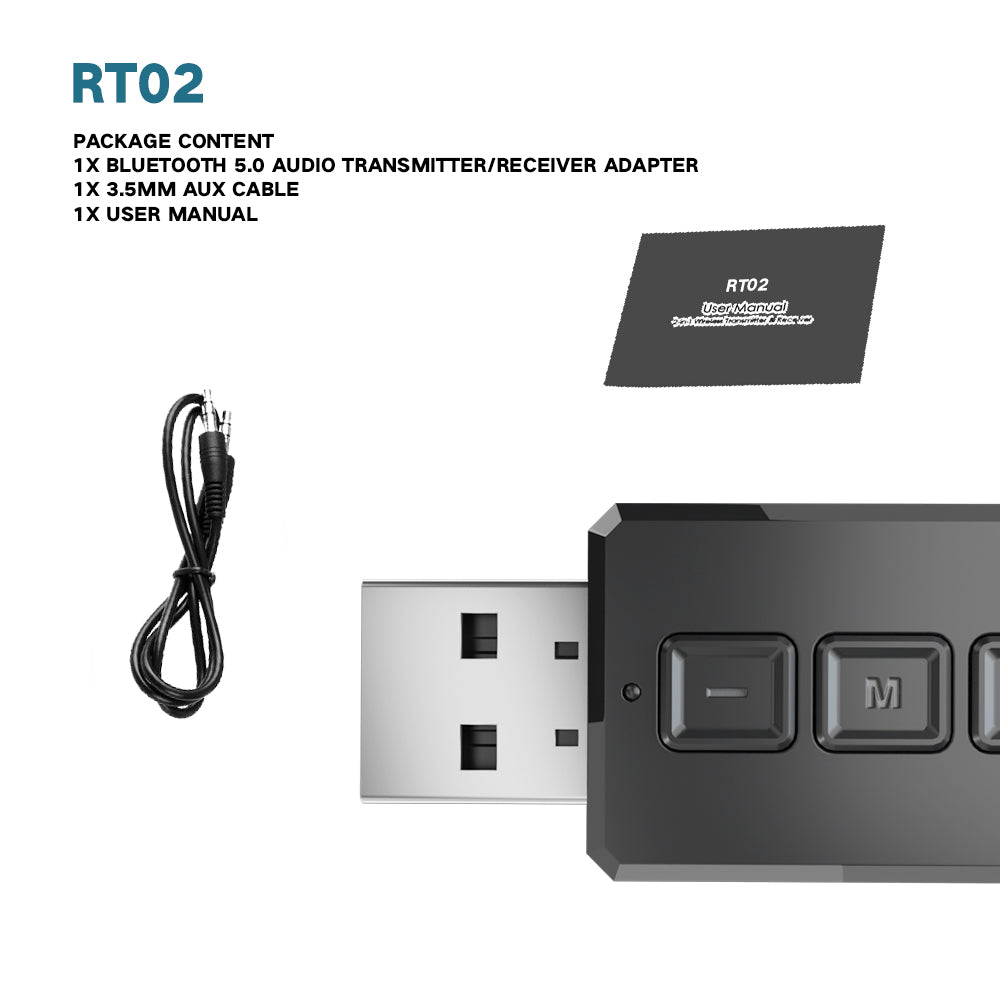 RT02 Bluetooth Transmitter + Receiver 2-in-1 Design Portable Wireless Bluetooth Adapter for Cars/TVs/Mobile Phone/PCs