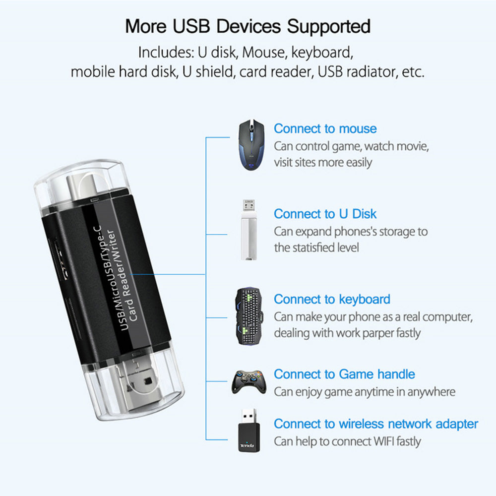 DM-HC45 3-in-1 USB/Micro USB/Type-C TF Memory Card Reader Data Transfer Adapter OTG Hub for Phone Tablet Computer