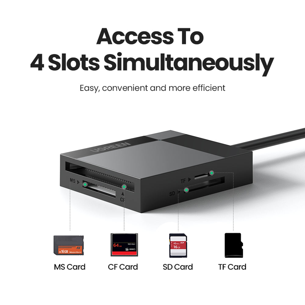 UGREEN 30229 4-in-1 USB 3.0 to for SD/Micro SD/TF/CF/MS Compact Smart Memory Card Reader for PCs/Laptops