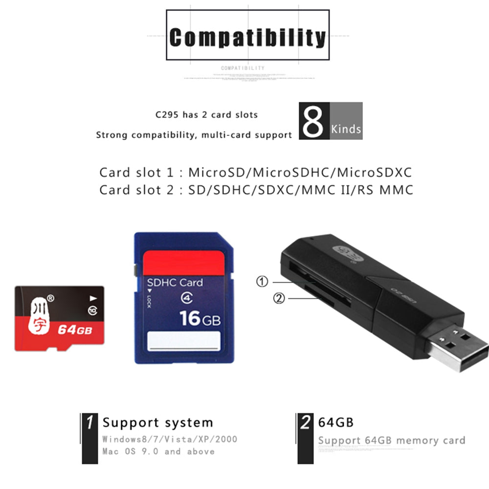 KAWAU C295 2 in 1 USB 2.0 MicroSD Card Reader with SD Slot Supports Up to 64GB Adapter (with Slide Cover)