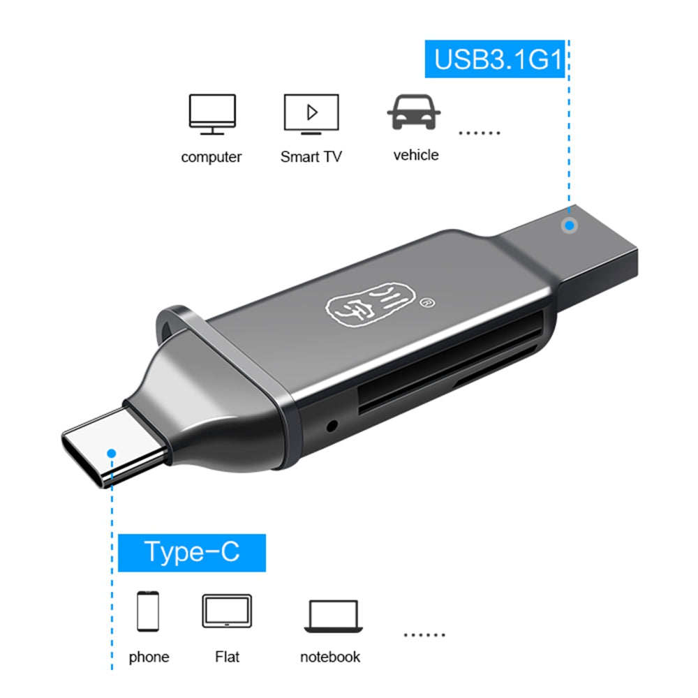 KAWAU C371 USB 3.0+Type C Portable Card Reader for SD TF MicroSD PC / Laptop / Smart Phone / Tablet