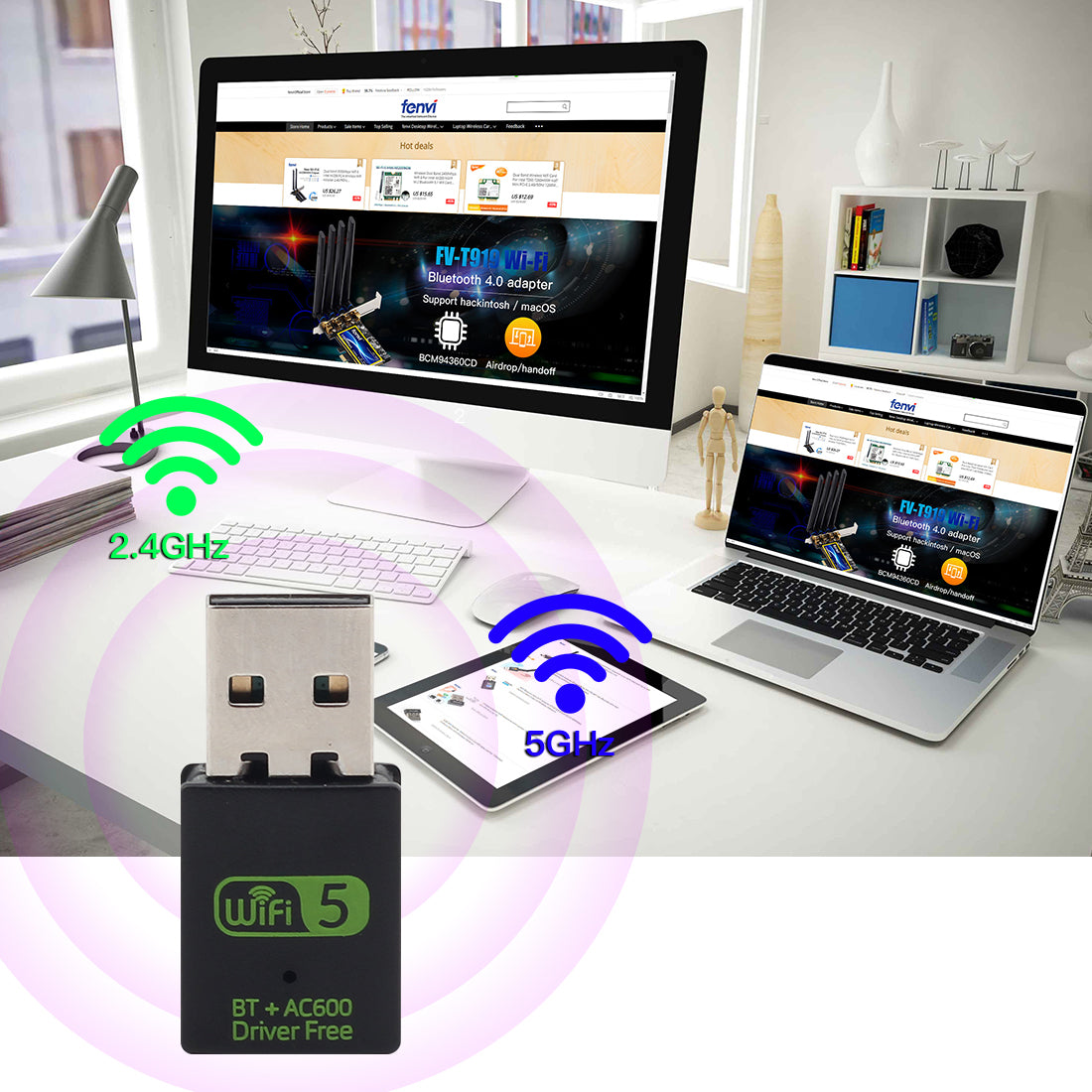 USB WiFi Bluetooth Adapter 600Mbps 2.4/5Ghz Dual Band Wireless Ethernet Receiver Mini USB WiFi Dongle for Desktop PC/Laptop