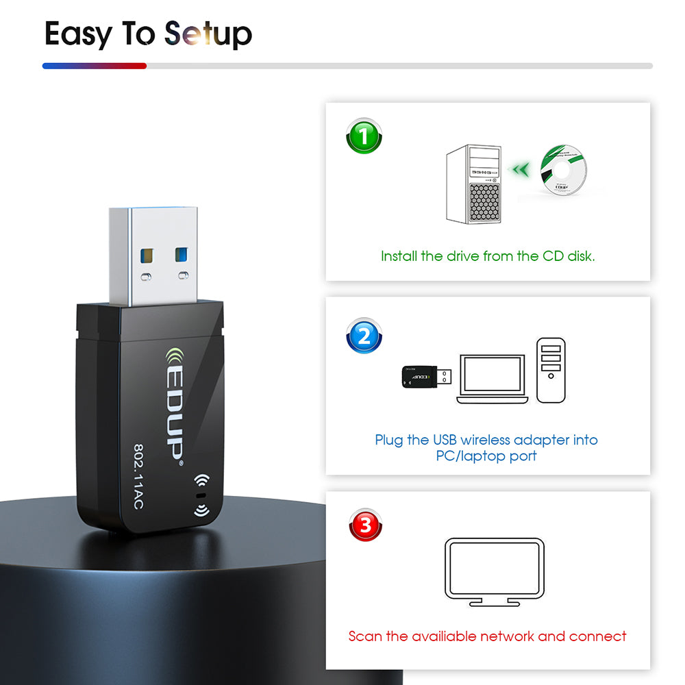 EDUP EP-AC1689 1300Mbps Mini USB3.0 WiFi Adapter Network Card USB Dual Band 5.8G/2.4GHz Wireless Adapter for Desktop PC Laptop