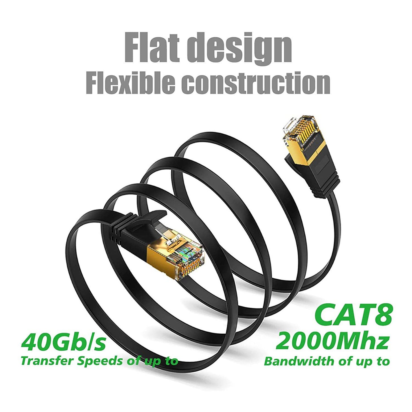 1m Cat8 Flat Ethernet Cable Cat8 LAN Network Cable 40Gbps 2000Mhz SFTP Patch Cord with Gold Plated RJ45 Connector