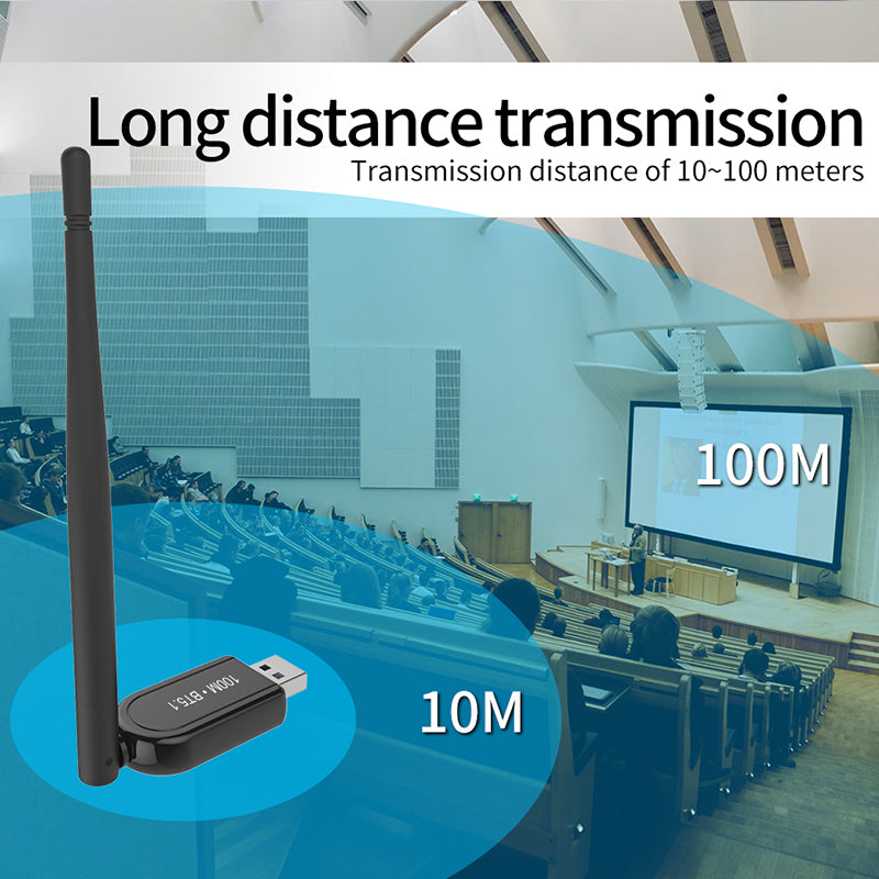 100m Bluetooth 5.1 Transmitter Stable Data Transfer Wireless USB Adapter with 2dBi High Gain Antenna