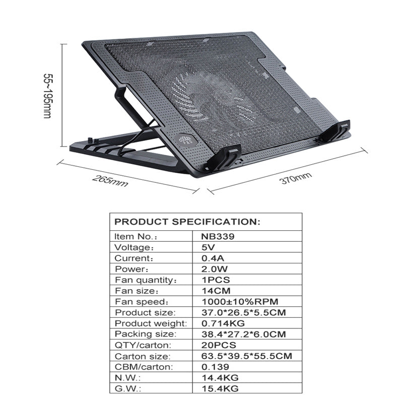 NB339 5-Gear Height Adjustable Laptop Cooling Base USB Radiator Notebook Fan Cooler Stand