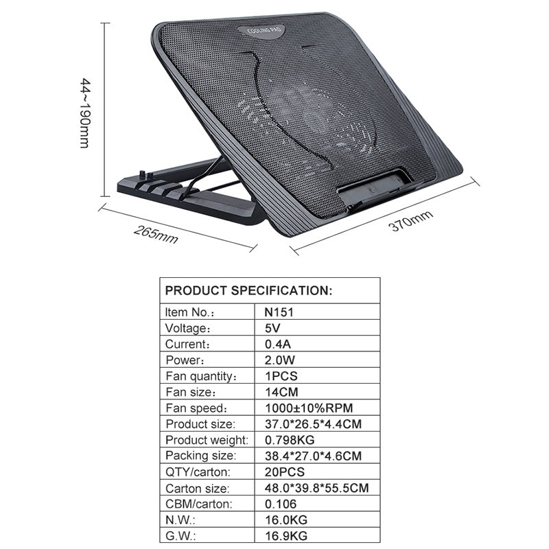 N151 Desktop Height Adjustable Laptop Cooling Stand Notebook Router Fan Cooler Radiator with LED Light