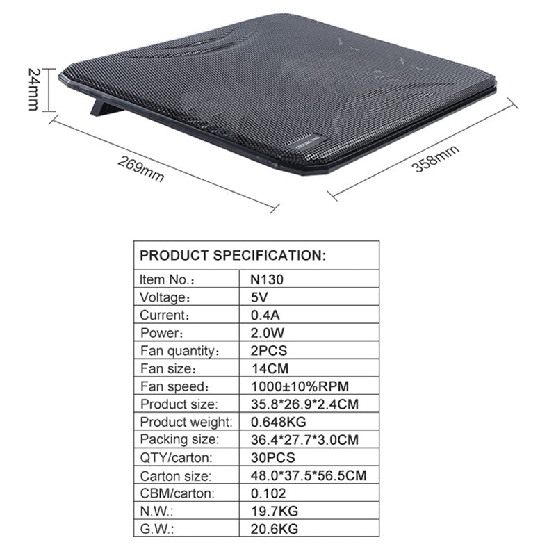 N130 Mute Laptop Cooling Pad Stand Notebook Router Heat Dissipation Fan Cooler with LED Light