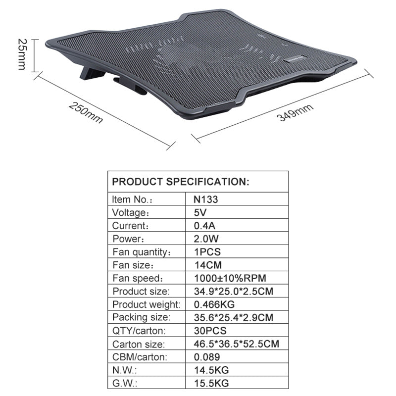 N133 Notebook Router Heat Dissipation Stand Fan Cooler Mute Laptop Gaming Cooling Pad with LED Light