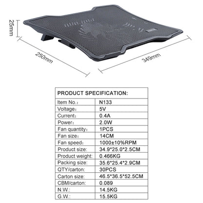 N133 Notebook Router Heat Dissipation Stand Fan Cooler Mute Laptop Gaming Cooling Pad with LED Light