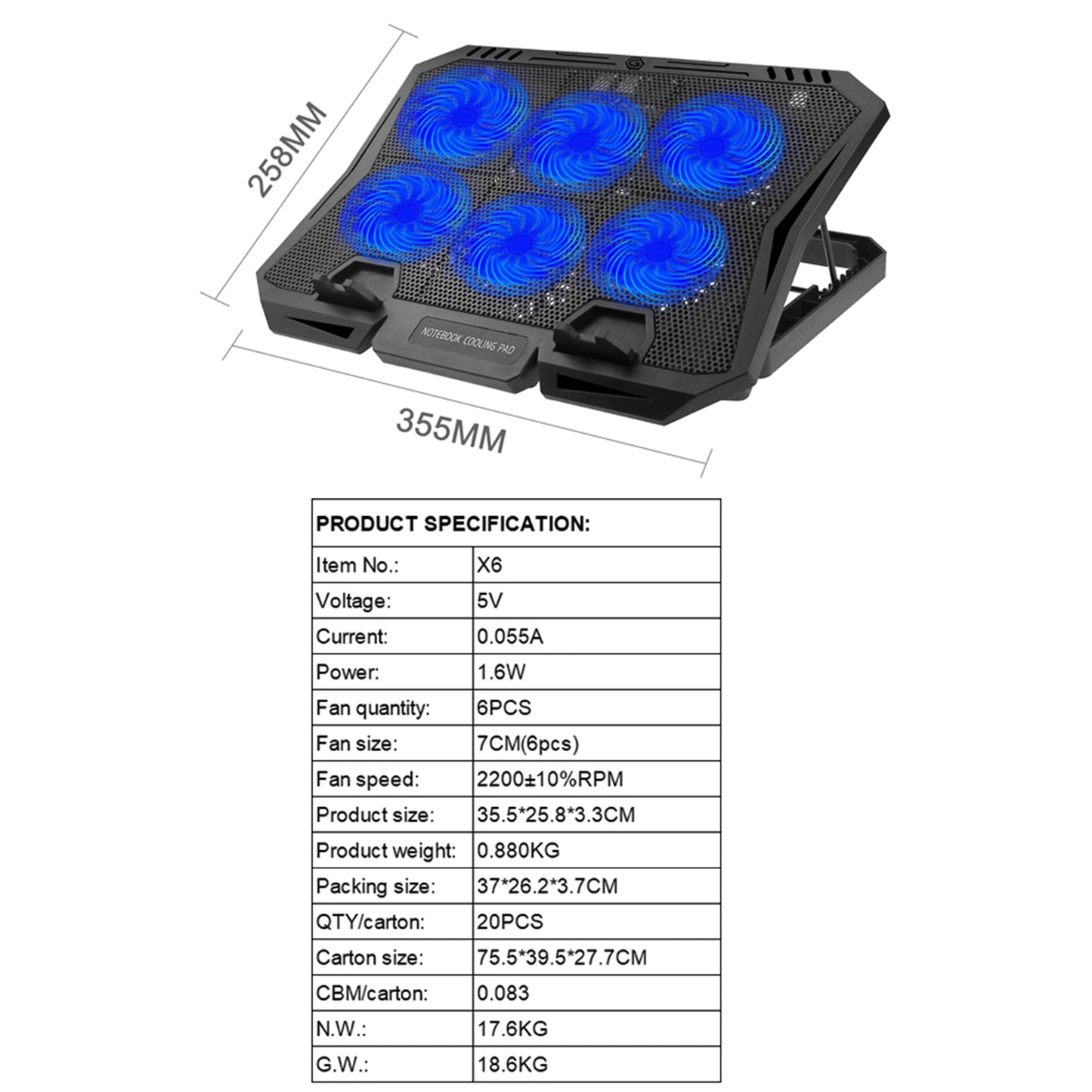 X6B 7-Gear Height 6-Fan Laptop Cooling Stand Adjustable Wind Speed Notebook Cooler