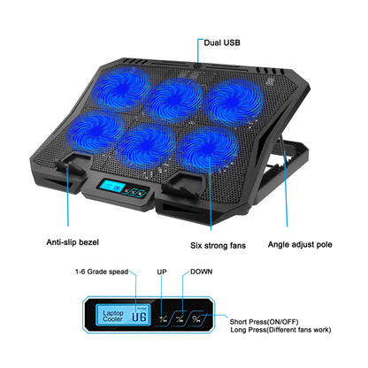 X6A 7-Gear Height Laptop Cooling Pad 6-Fan Radiator Notebook Cooler Stand with Display Screen