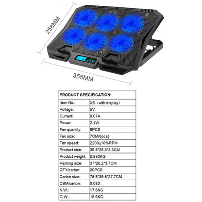 X6A 7-Gear Height Laptop Cooling Pad 6-Fan Radiator Notebook Cooler Stand with Display Screen