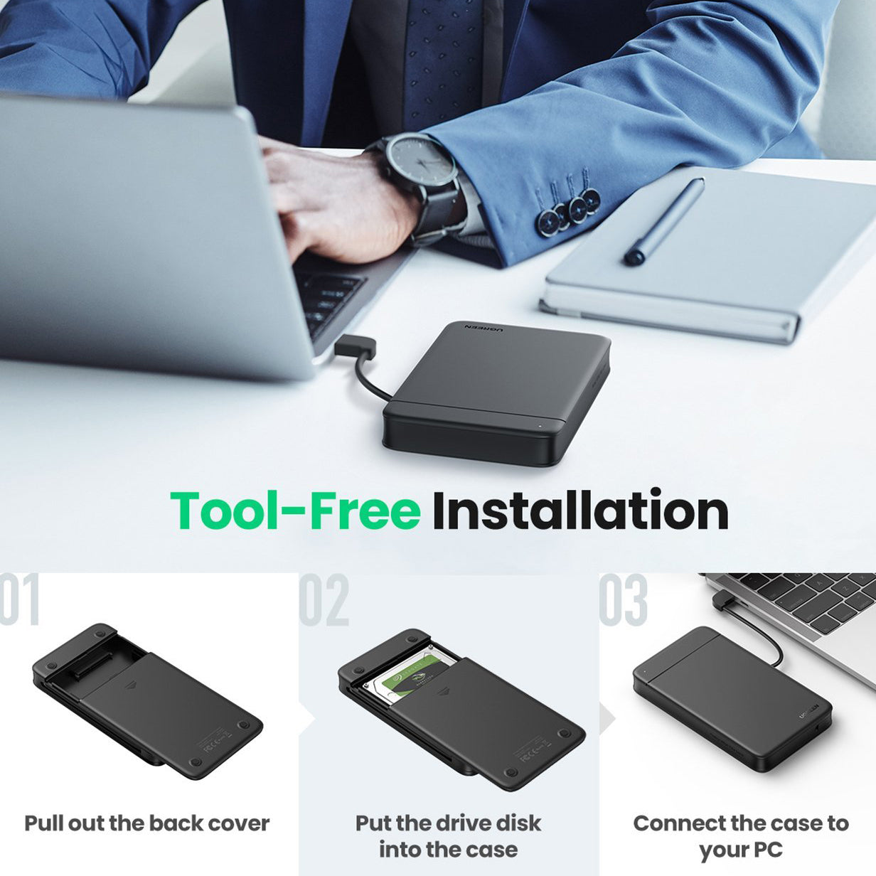 UGREEN 2.5 inch SSD Case USB C to SATA HDD Enclosure with UASP Portable Case External Hard Drive