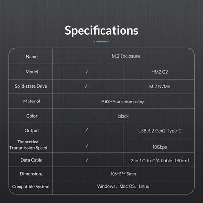 ORICO ORICO-HM2-G2 M.2 NVMe SSD Case 10Gbps High Speed Hard Drive Enclosure External Hard Disk Case