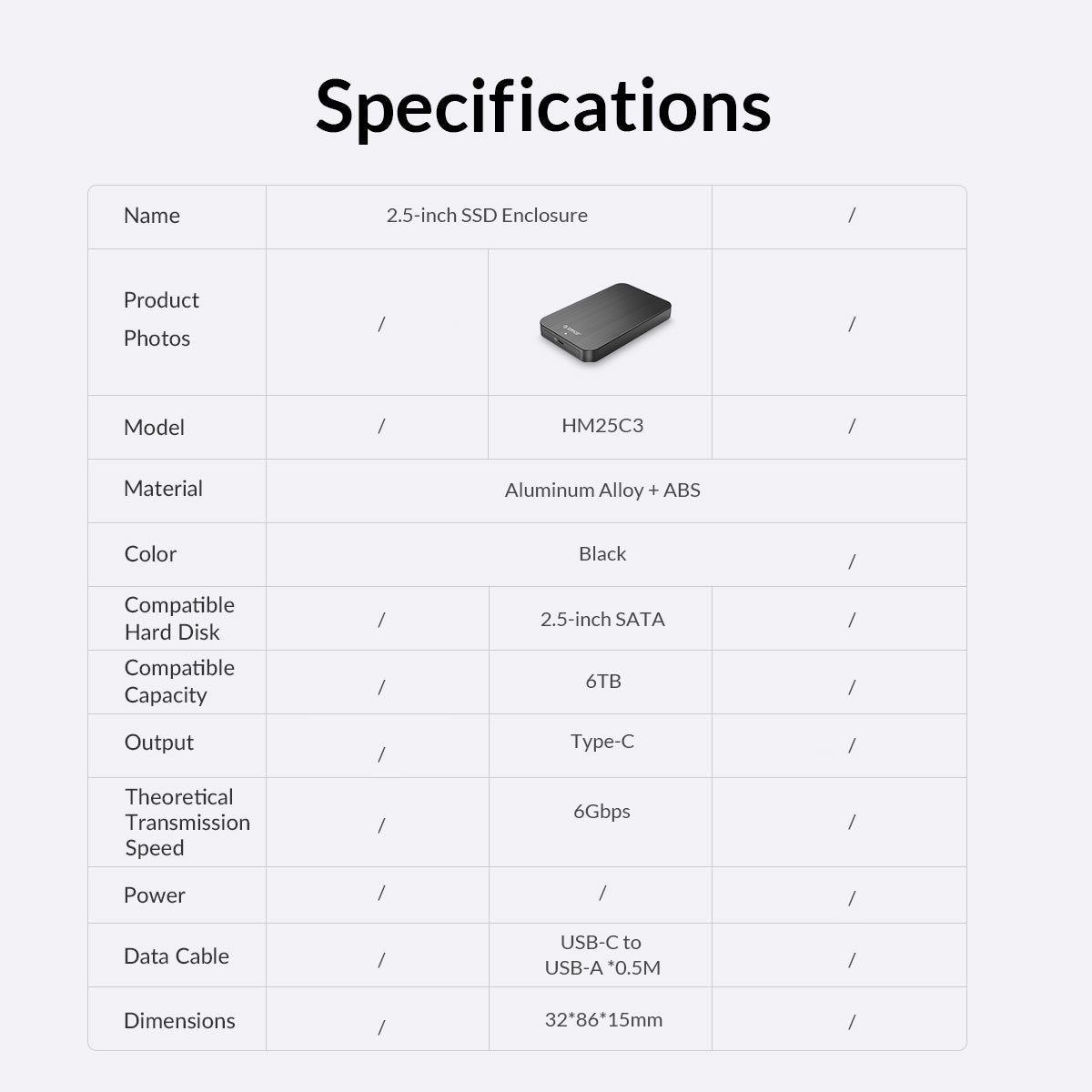 ORICO ORICO-HM25C3 HDD SSD Case 2.5-inch SATA Hard Drive Enclosure Computer External Hard Disk Box