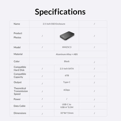 ORICO ORICO-HM25C3 HDD SSD Case 2.5-inch SATA Hard Drive Enclosure Computer External Hard Disk Box