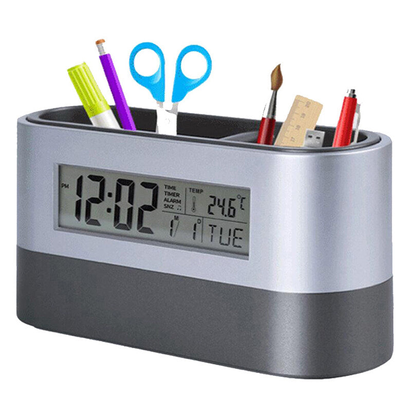 Pen Holder Organizer with LCD Screen Clock Function Temperature Perpetual Calendar Display Countdown Alarm Snooze Mode