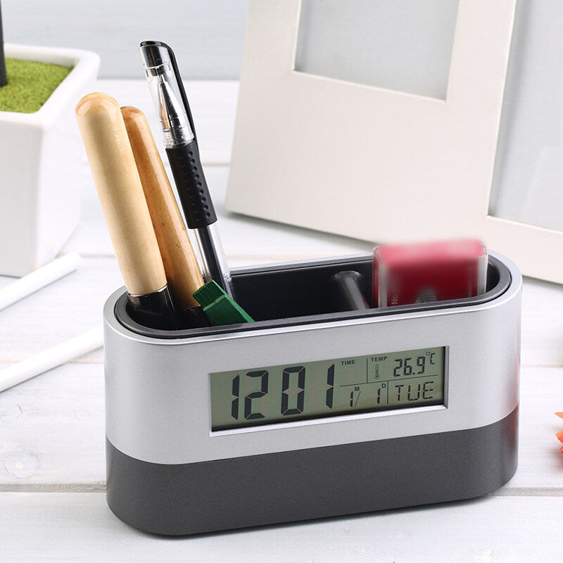 Pen Holder Organizer with LCD Screen Clock Function Temperature Perpetual Calendar Display Countdown Alarm Snooze Mode