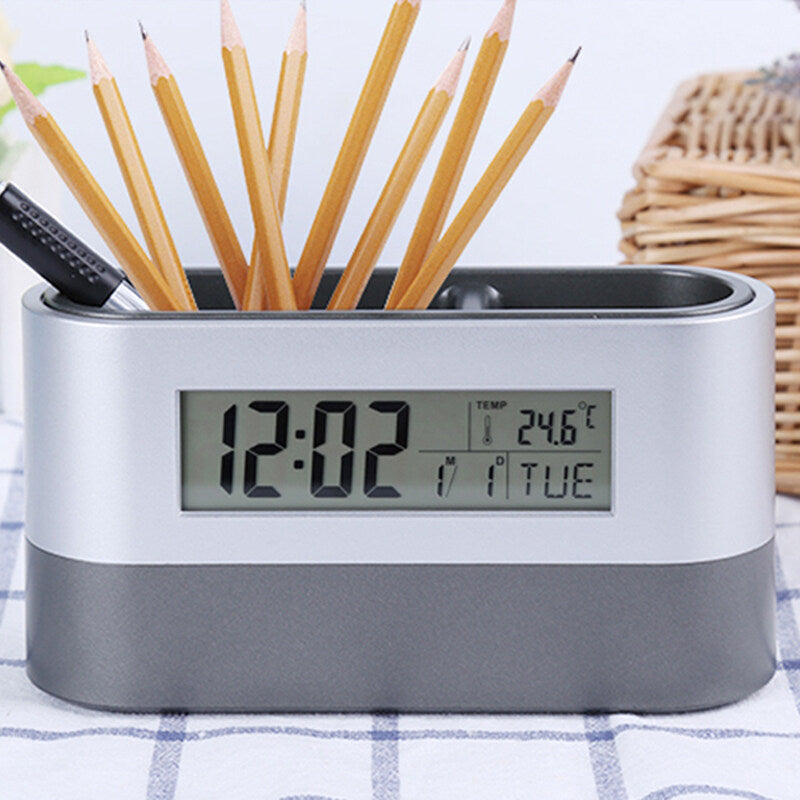 Pen Holder Organizer with LCD Screen Clock Function Temperature Perpetual Calendar Display Countdown Alarm Snooze Mode