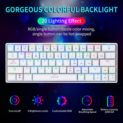 IVHCO 63 Keys Mini Gaming Mechanical Keyboard 3-Mode Bluetooth Keyboard with RGB Effects