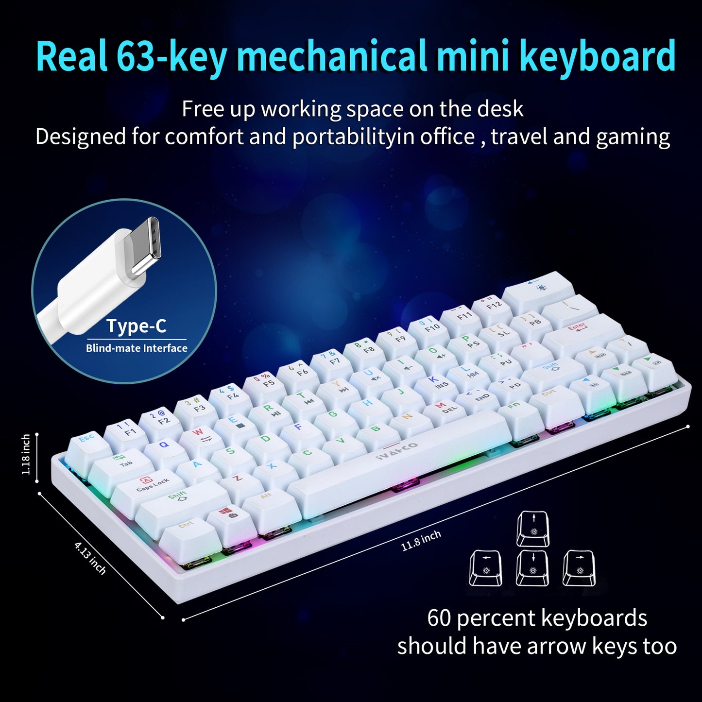 IVHCO 63 Keys Mini Gaming Mechanical Keyboard 3-Mode Bluetooth Keyboard with RGB Effects