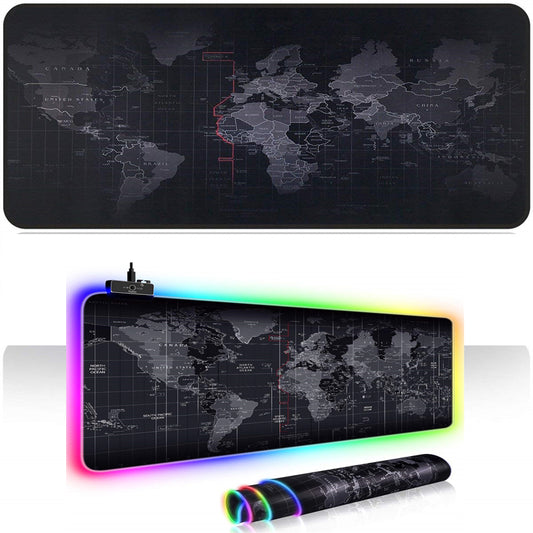 World Map Pattern RGB Luminous Mouse Pad Large Gaming Keyboard Mouse Mat Non-slip Desk Mat 800 x 300mm