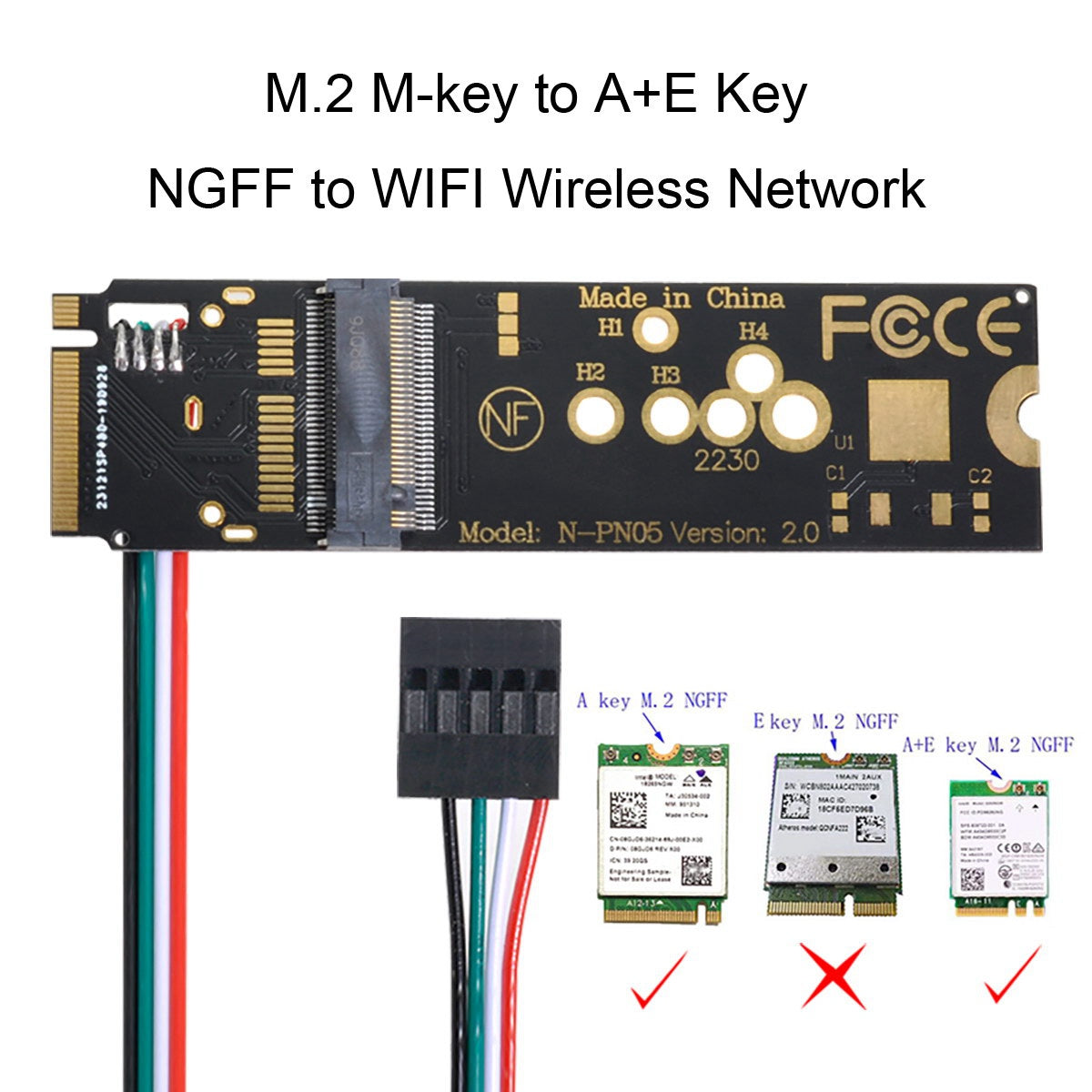 EP-002 Wireless NGFF A/E-Key WiFi Card to M.2 NGFF Key-M NVME SSD Adapter for AX200 WiFi 6 Bluetooth 5.1