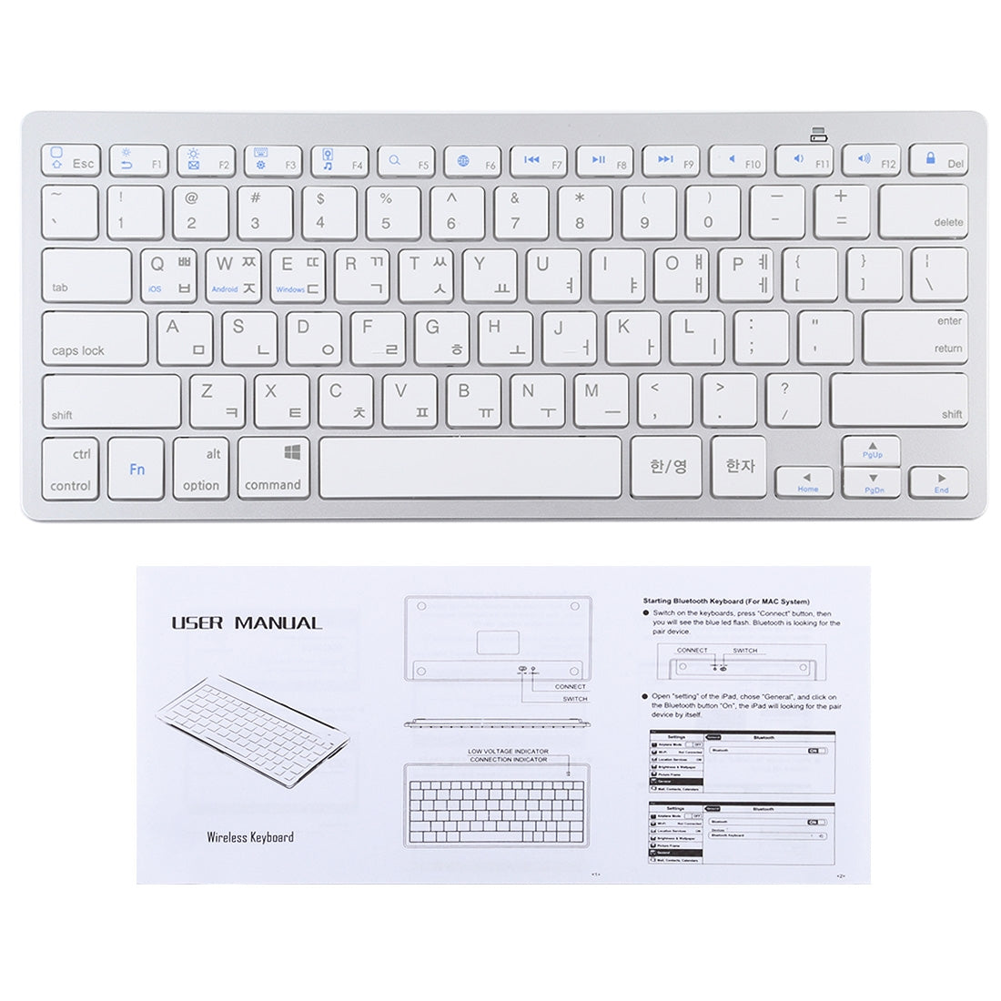 Ultra-Slim Wireless Bluetooth Keyboard (Korean Language) for Android Windows iOS - Silver