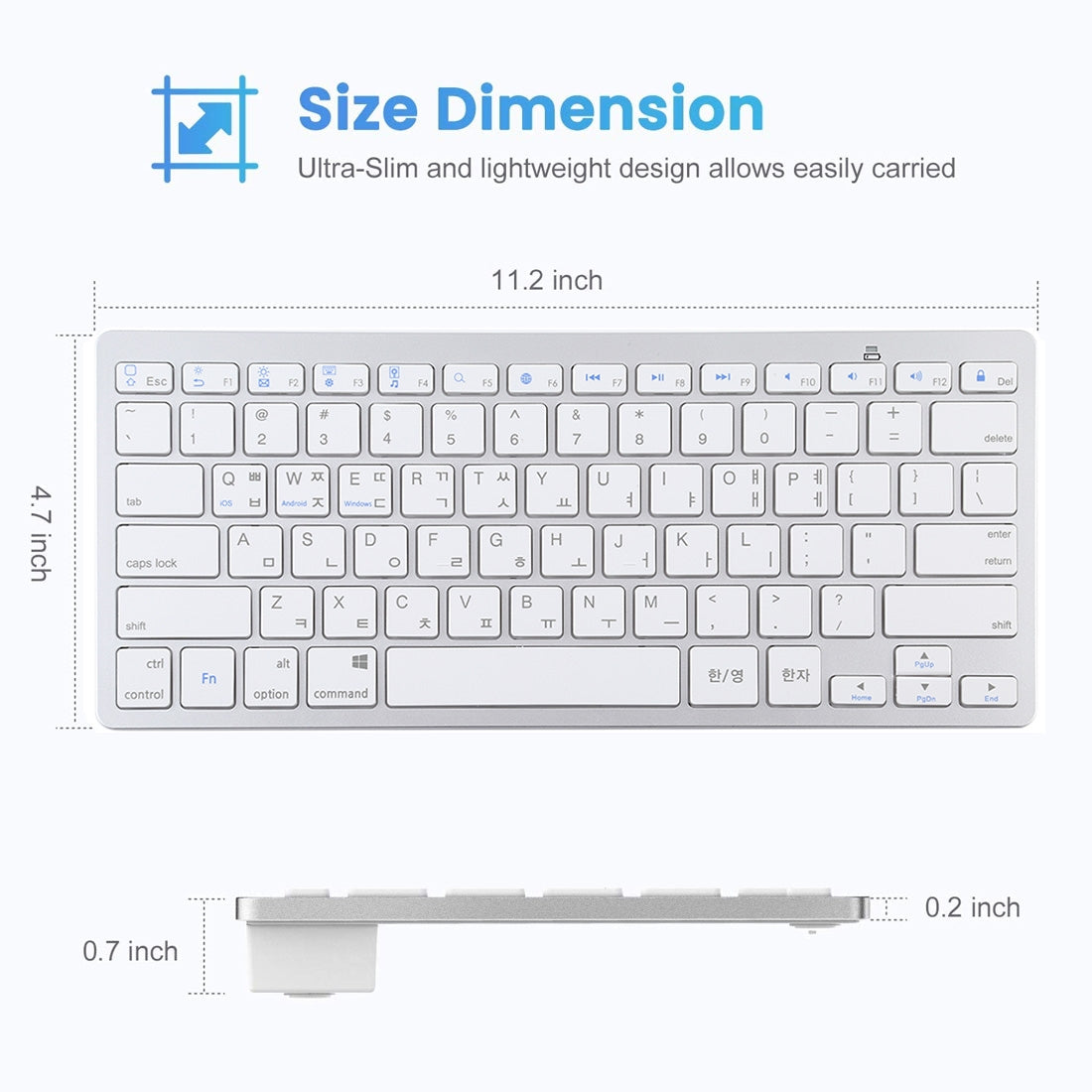 Ultra-Slim Wireless Bluetooth Keyboard (Korean Language) for Android Windows iOS - Silver