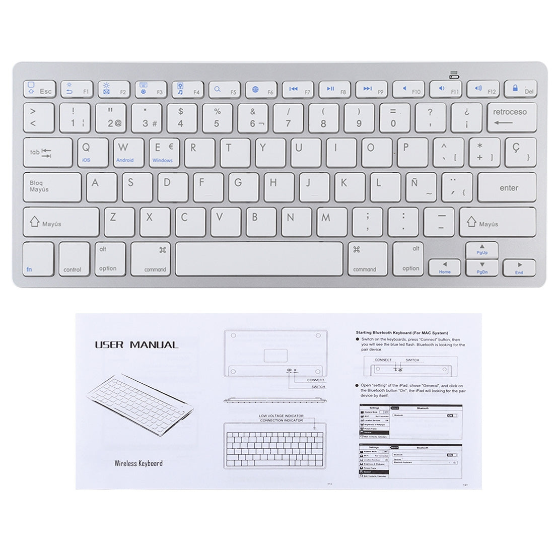 Ultra-Slim Wireless Bluetooth Keyboard (Spanish Language) for Android Windows iOS - Silver