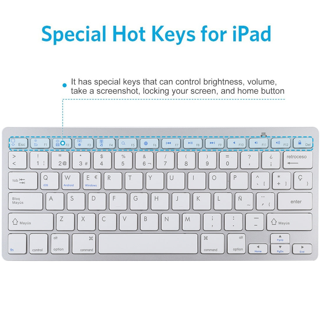 Ultra-Slim Wireless Bluetooth Keyboard (Spanish Language) for Android Windows iOS - Silver