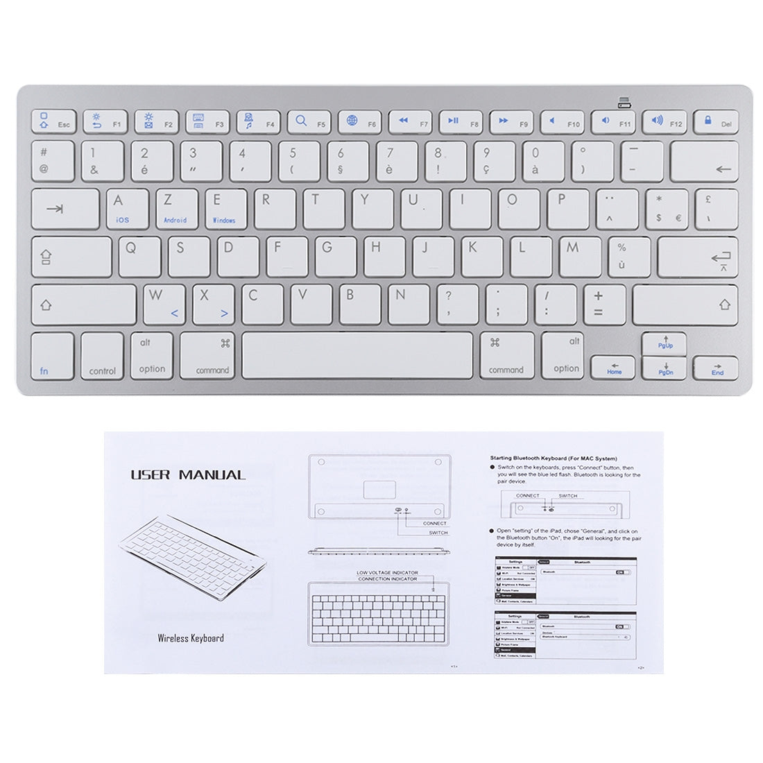 Ultra-Slim Wireless Bluetooth Keyboard (French Language) for Android Windows iOS - Silver