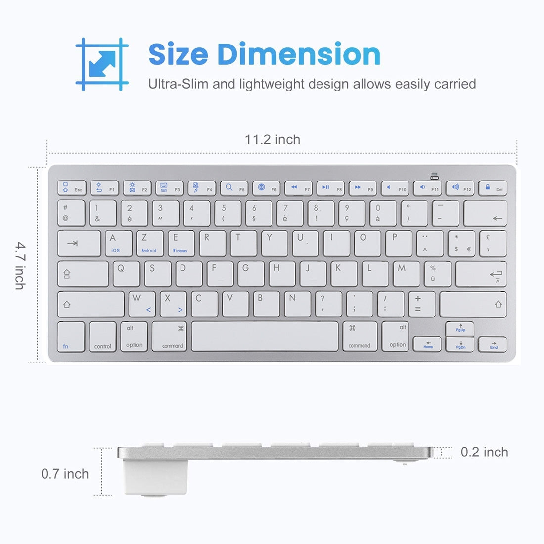 Ultra-Slim Wireless Bluetooth Keyboard (French Language) for Android Windows iOS - Silver