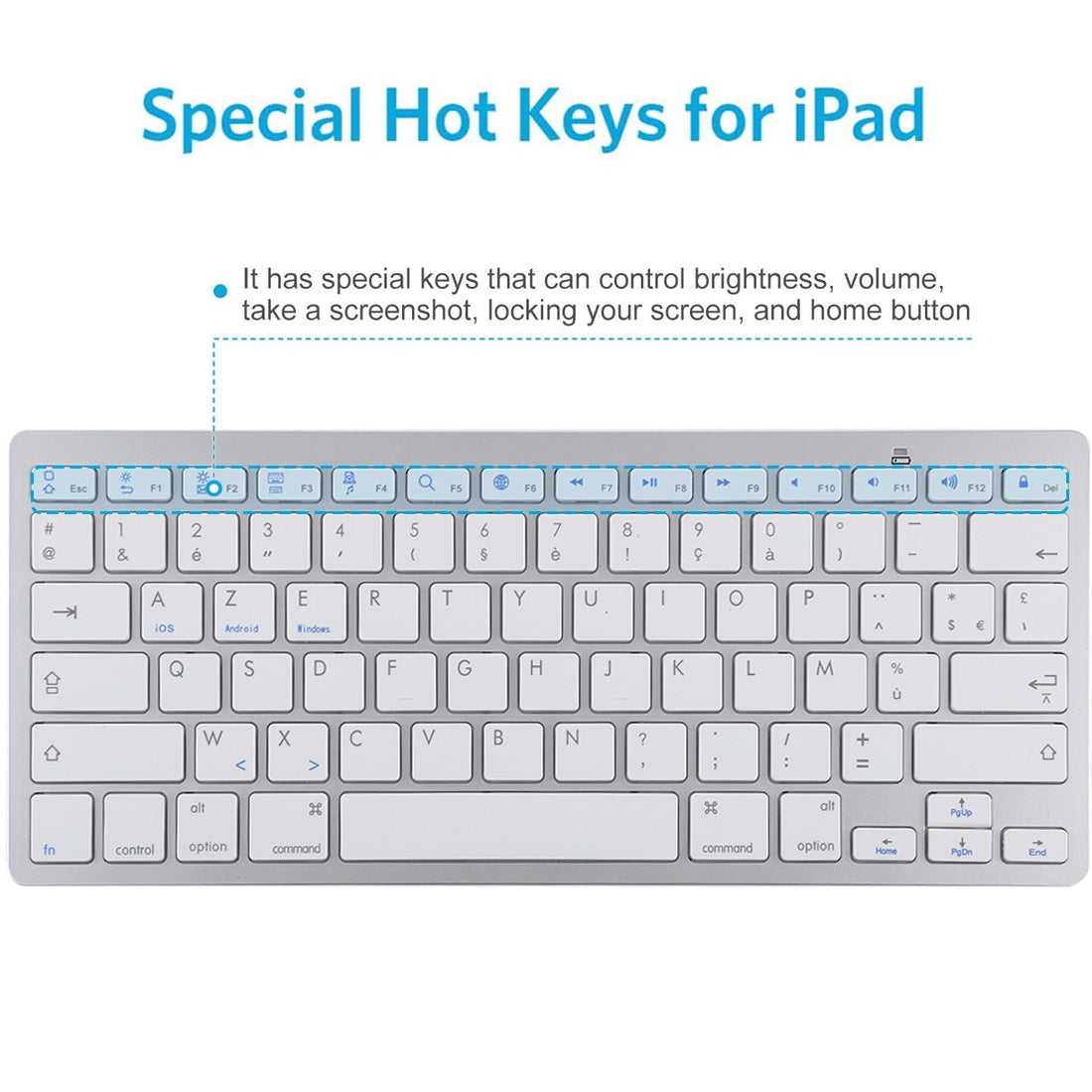 Ultra-Slim Wireless Bluetooth Keyboard (French Language) for Android Windows iOS - Silver