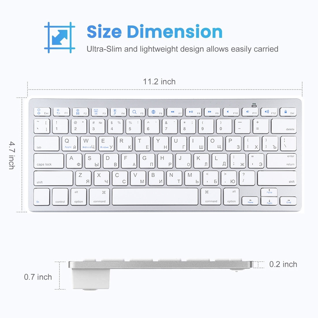 Ultra-Slim Wireless Bluetooth Keyboard (Russian Language) for Android Windows iOS - Silver