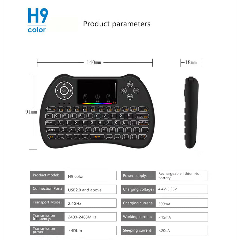 H9 2.4GHz Wireless Keyboard for Android TV Box Air Mouse Touchpad Device with Backlit