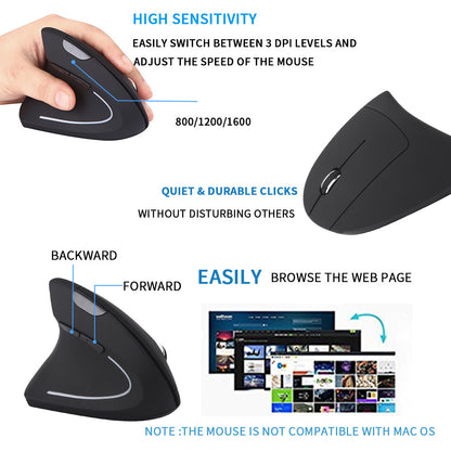 Battery Powered Left Hand Wireless Mouse Ergonomic Vertical Computer Gaming Mice 800/1200/1600 DPI for Laptop PC