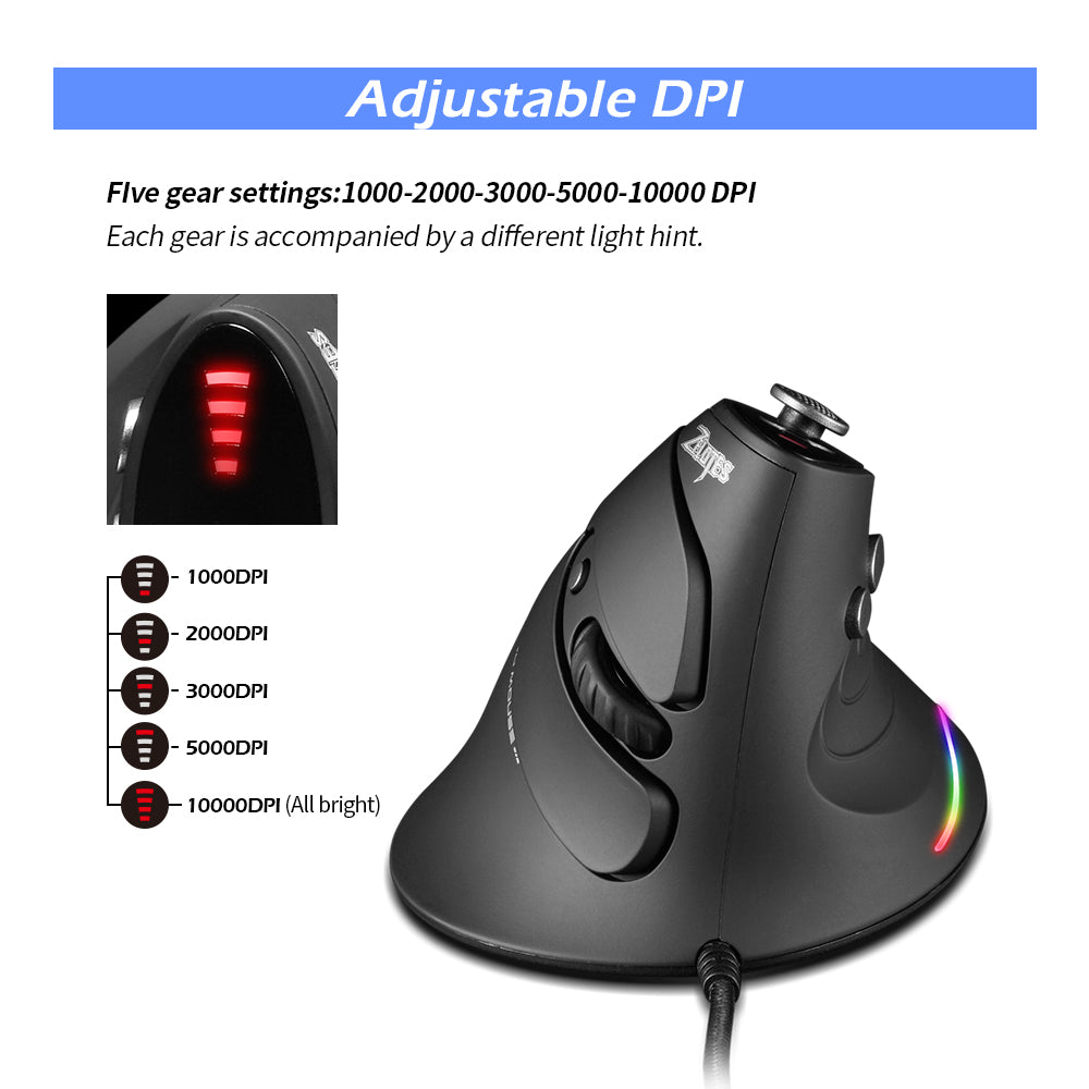 ZELOTES C-10 5 Modes 10000DPI Gaming Mouse Mice Upright Optical Wired RGB LED Light Gamer Mouse for Desktop Laptop PC