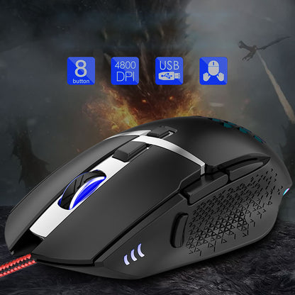 GM82 8-Key Optical Wired Mouse 1000/1200/2400/4800 DPI USB Gaming Mouse with 7 Color Lights