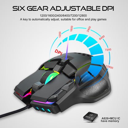 HXSJ S700 12800 DPI 10 Buttons USB Wired Programmable Gaming Mouse 13 RGB Light Modes Computer Laptop Mice