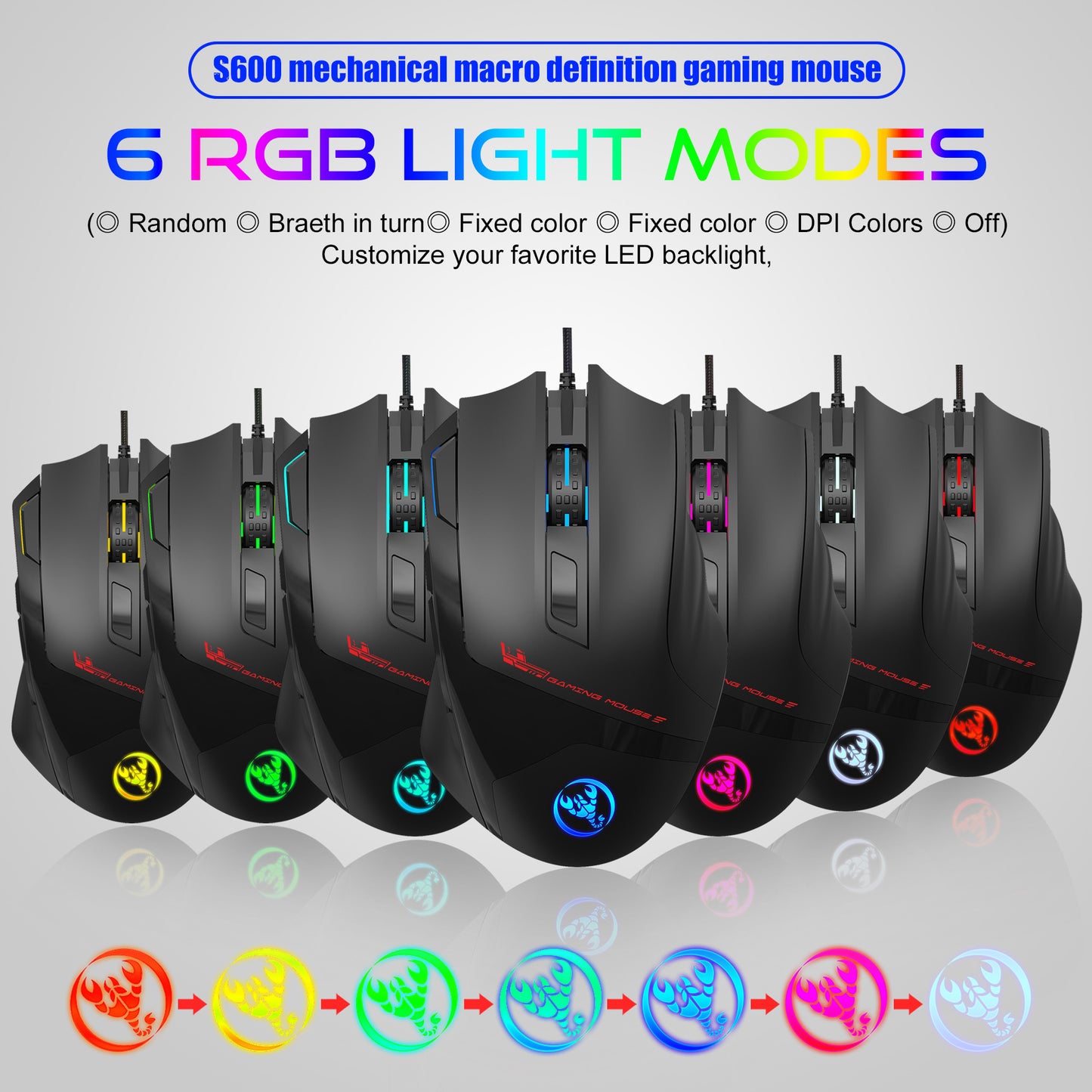 HXSJ S600 7200 DPI 9 Keys USB Wired Macro Programming RGB Light Gaming Mouse Computer Laptop Mice