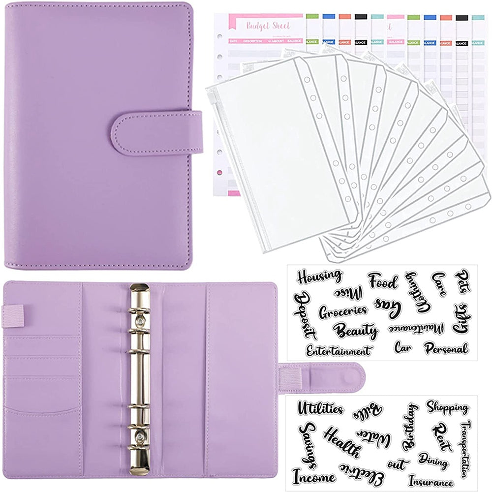 A6 PU Leather Notebook Cover Loose-leaf Binder Budget Planner Organizer 8 Storage Pockets 12 Budget Sheets