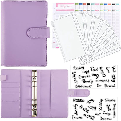 A6 PU Leather Notebook Cover Loose-leaf Binder Budget Planner Organizer 8 Storage Pockets 12 Budget Sheets